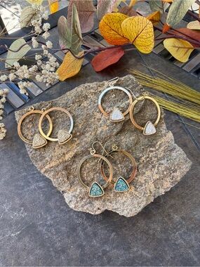 Gold Hoop Earrings with Triangle Druzy Accent - Women Jewelry